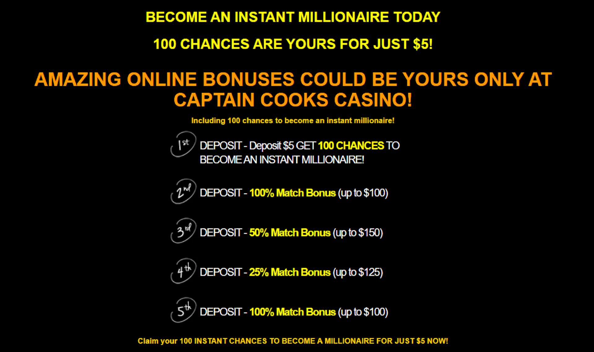 Screenshot of welcome bonuses Captain Cooks Casino website