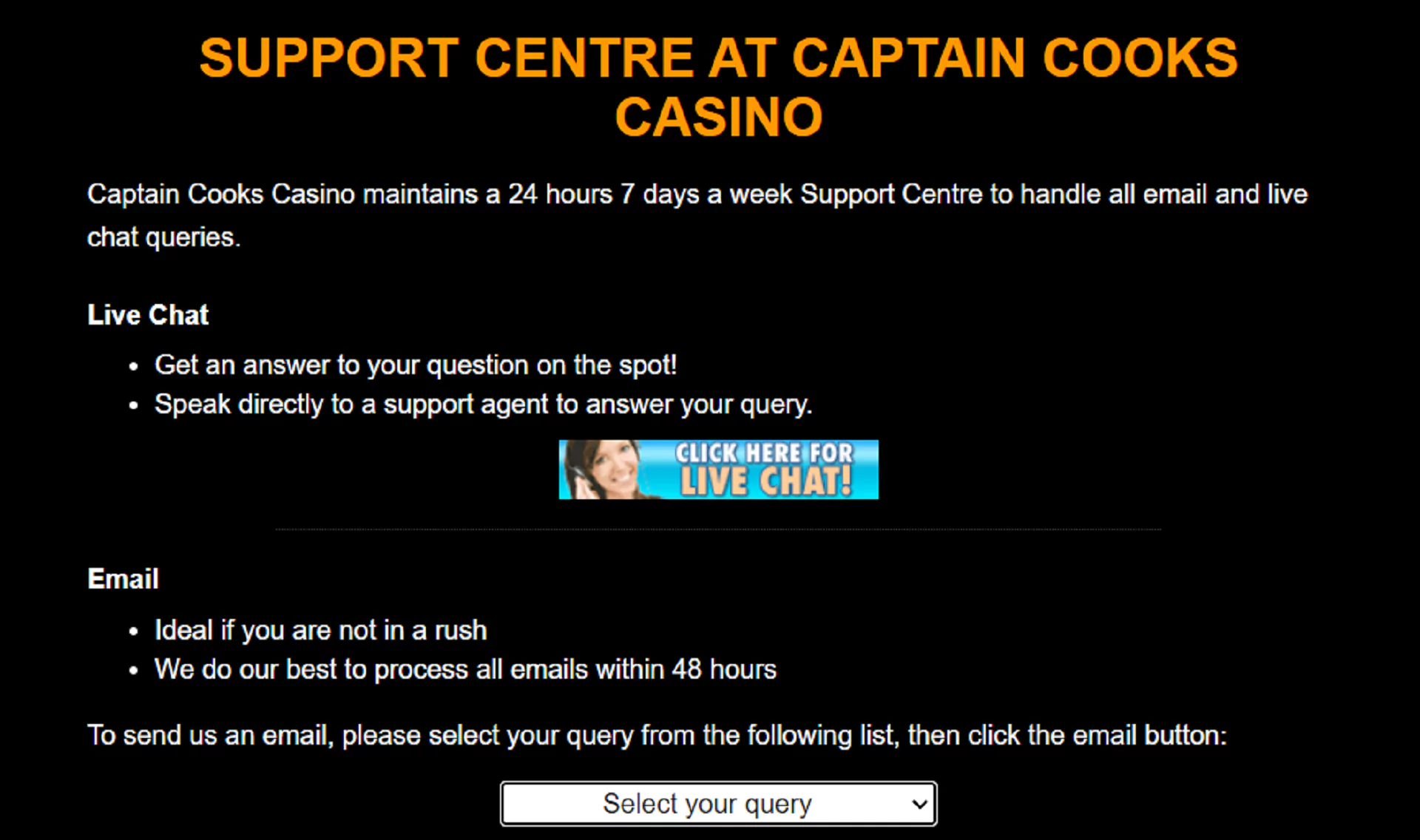 Screenshot of the customer support page on the Captain Cooks Casino website