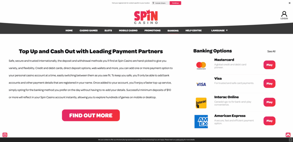Spin Casino Payment Methods